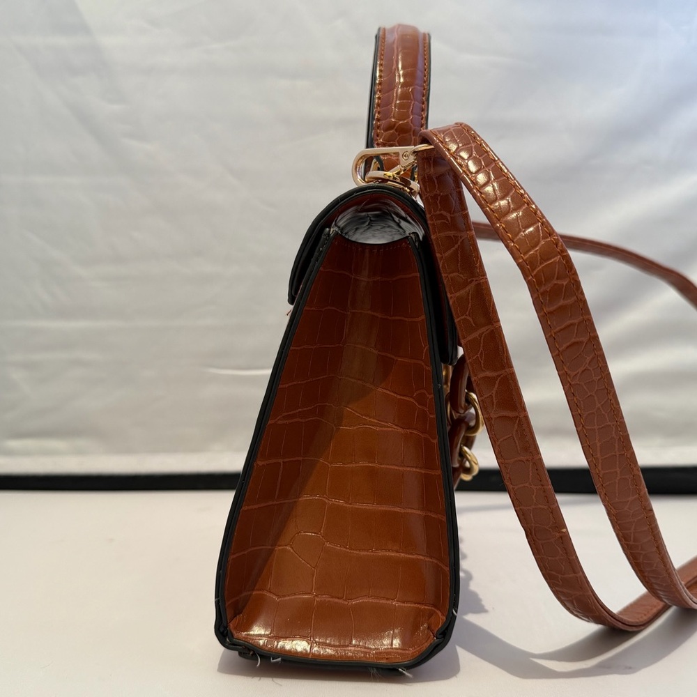 ALDO Brown Croc-Embossed Top Handle Bag with Gold Chain - Picture 5 of 7